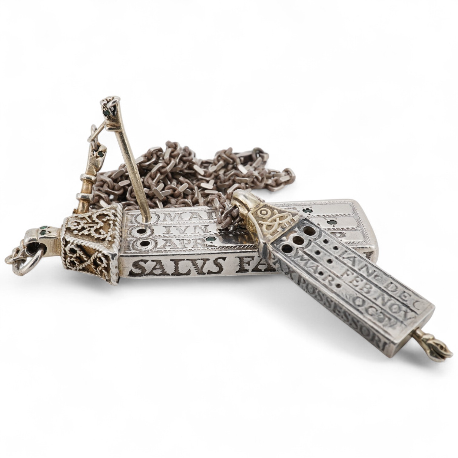Two modern parcel gilt silver replicas of the Canterbury Pocket Sundial, the larger inset with small emeralds?, maker GF, London, 1975, the smaller later, maker DB, London, 1987, both suspended from a chain.